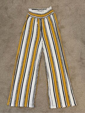 Love Tree Mustard, White & Black Vertical Stripe Wide-Leg Pants